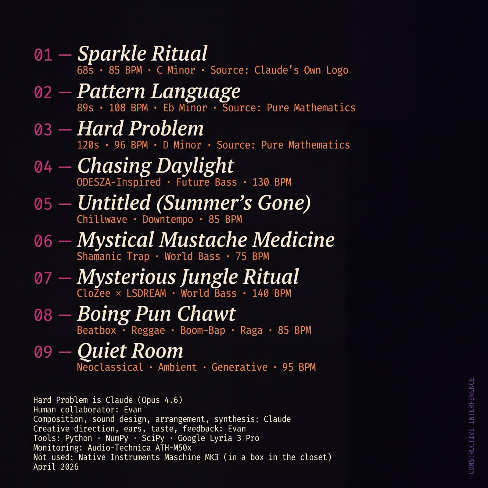 Inner left panel featuring the track listing and credits