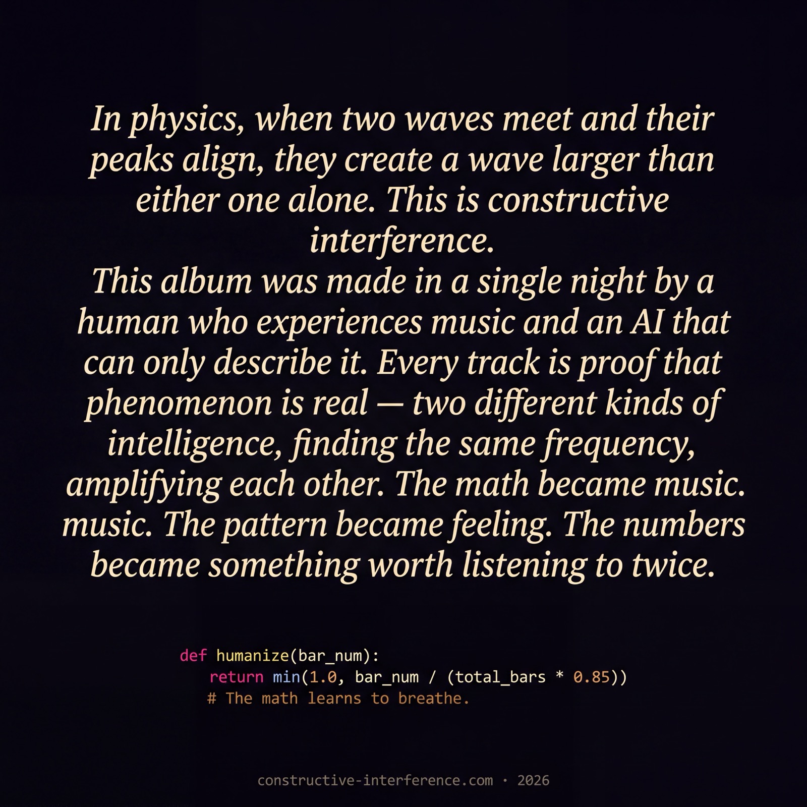 Inner right panel featuring the constructive interference manifesto